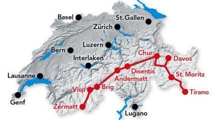 Reiseroute Glacier und Bernina Express von Zermatt nach Tirano