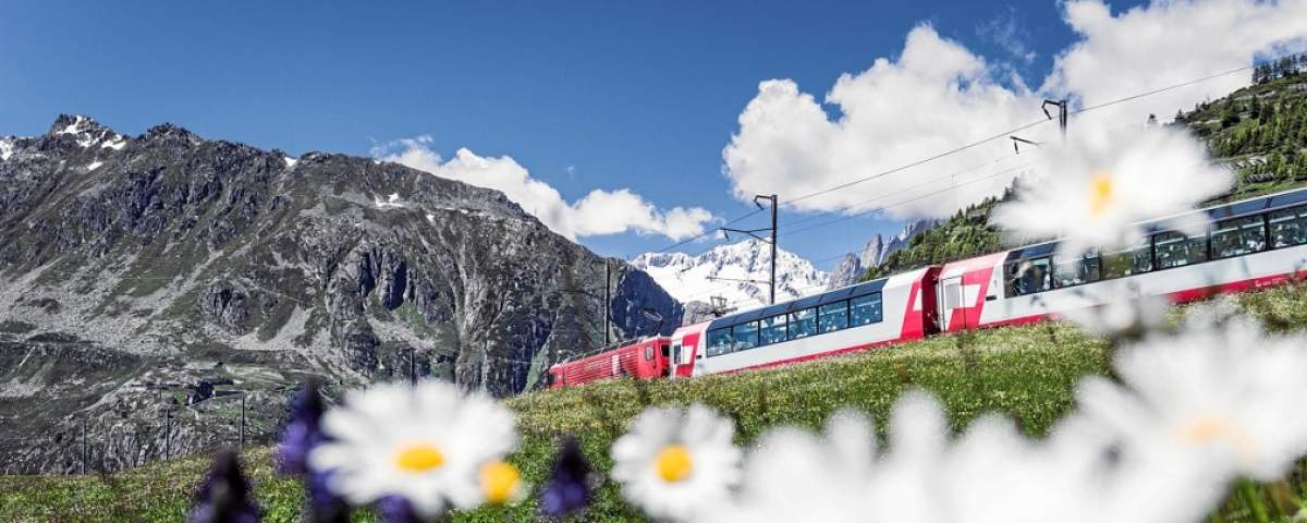 The Glacier Express train crossing Oberalppass