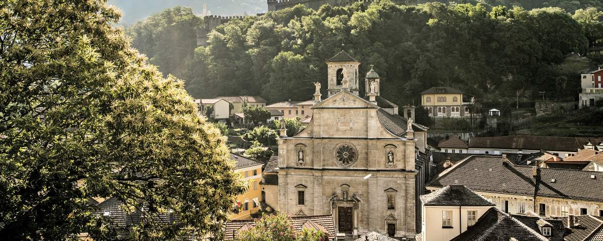 Blick auf Kirche Collegiata SS. Pietro und Stefano mit Schloss Montebello und Sasso Corbaro im Hintergrund, Bellinzona.