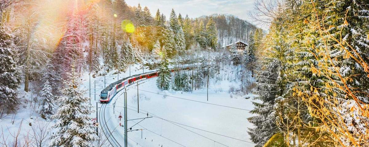 Lucerne Interlaken Express on the Bruenig in Winter.