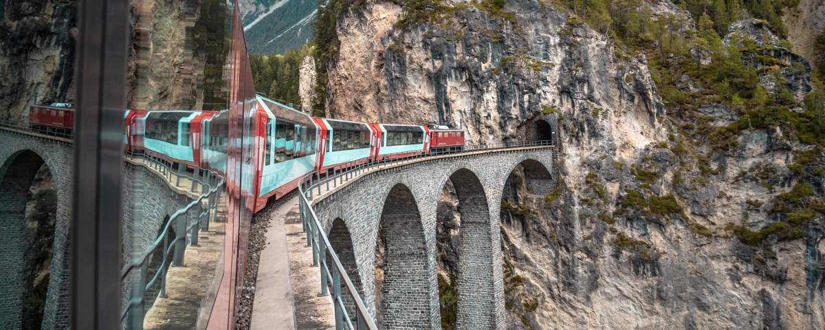 With the Glacier Express from Zermatt to St.Moritz. 