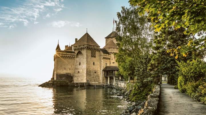 The famous Castle Chillon near Montreux at sunset in Summer.
