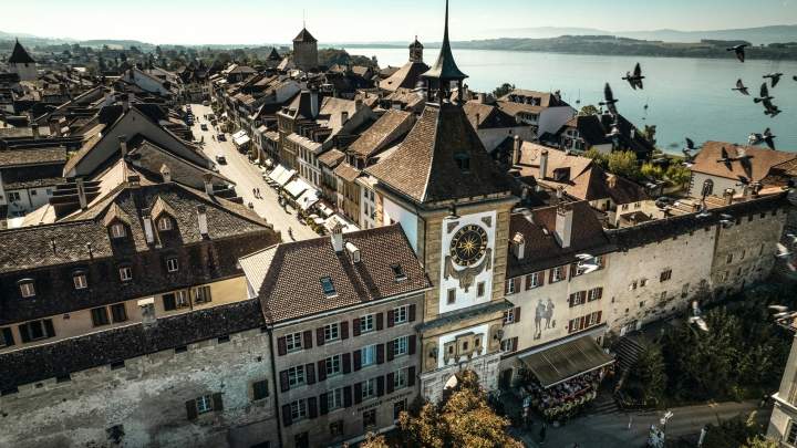 murten old town with castle and lake murten