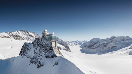 view from the Jungfraujoch, snow covered mountains and glaciers