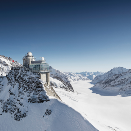 view from the Jungfraujoch, snow covered mountains and glaciers