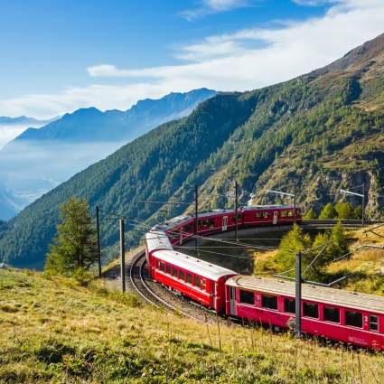 Bernina Express at Alp Grüm in summer