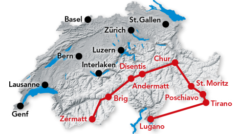 Reiseroute Glacier Express von Zermatt nach Lugano