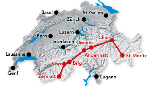 Nyugat Eur Pai K R T Vonattal Explorer Klub   Map Glacier Express Zermatt St.moritz 0 