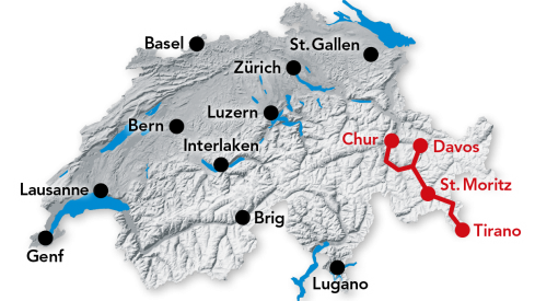 Kartenroute vom Bernina Express von Chur nach Tirano
