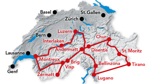 Kartenroute für die Grand Train Tour of Switzerland