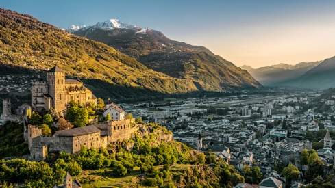 Panorama over Sion with a view of the Rhone Valley