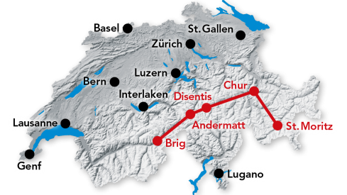 Reiseroute Glacier Express von Brig nach St. Moritz