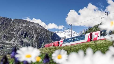 The Glacier Express train crossing Oberalppass
