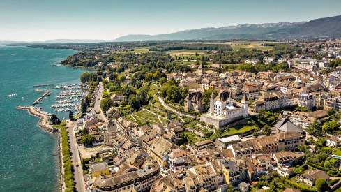 Aerial view of Nyon in summer.