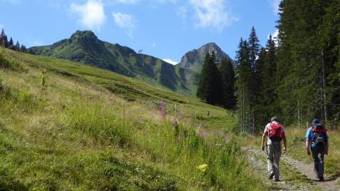 Two people hiking between Adelboden and Lenk in the Bernese Oberland.
