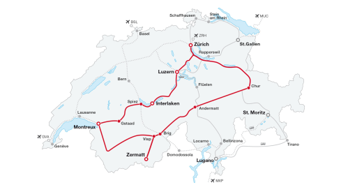 Grand Train Tour of Switzerland Top Attractions Tour Map